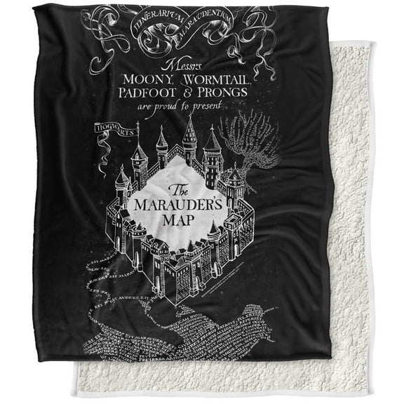 Harry Potter, 50"x60", Black and White Map Silky Touch Sherpa Back Super Soft Throw Blanket