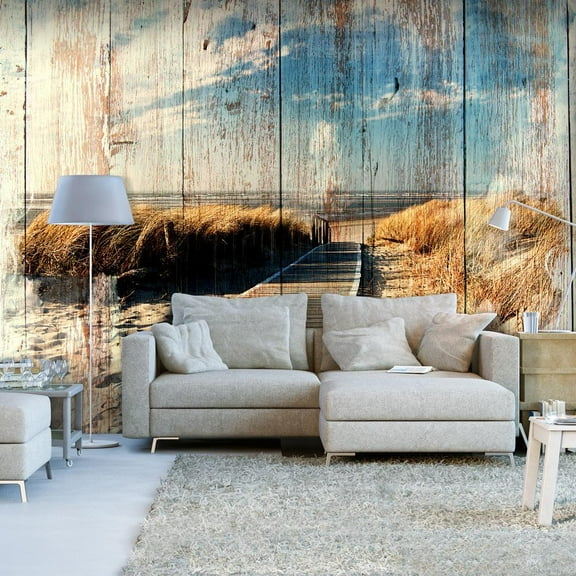 Tiptophomedecor Peel and Stick Wallpaper Wall Mural - Beach on Distressed Wood- Removable Wall Decals