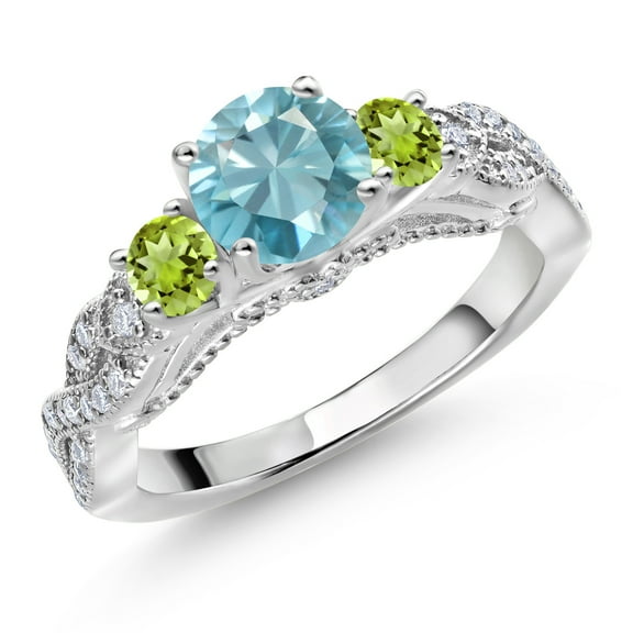 Gem Stone King 925 Sterling Silver Blue Zircon Green Peridot and White Moissanite Engagement Ring for Women (1.71 Cttw, Gemstone December Birthstone, Round 6MM and 3MM, Size 6)
