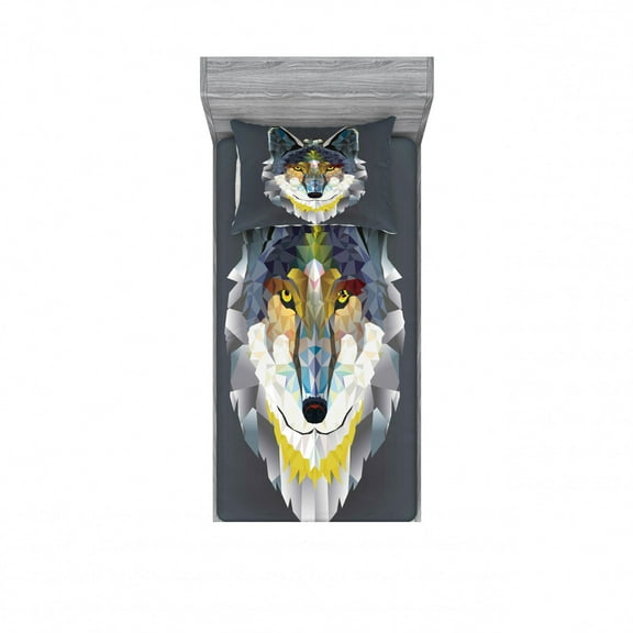 Zoo Fitted Sheet & Pillow Sham Set, Graphic Design of Coyote Wolf Beast Modern Portrait Geometric Colorful Print, Decorative Printed 2 Piece Bedding Decor Set, Twin, Grey Navy, by Ambesonne