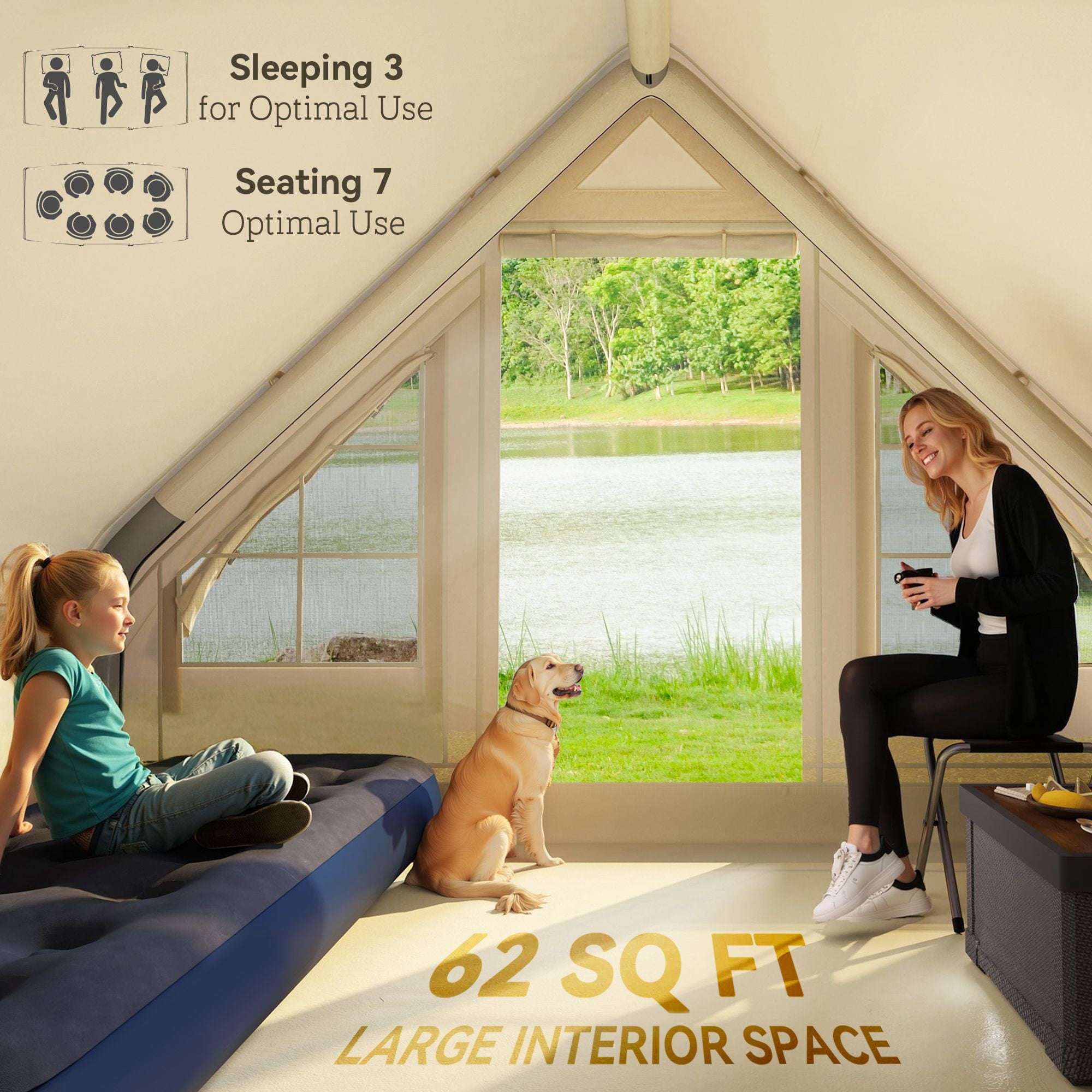 Outsunny Inflatable Camping Tent with Hand Pump, 4-6 Person 420D Oxford Fabric Blow Up Cabin Tent, 3000mm Waterproof & UPF50+ for Glamping, Sand, 118.1" L x 78.7" W x 78.7" H