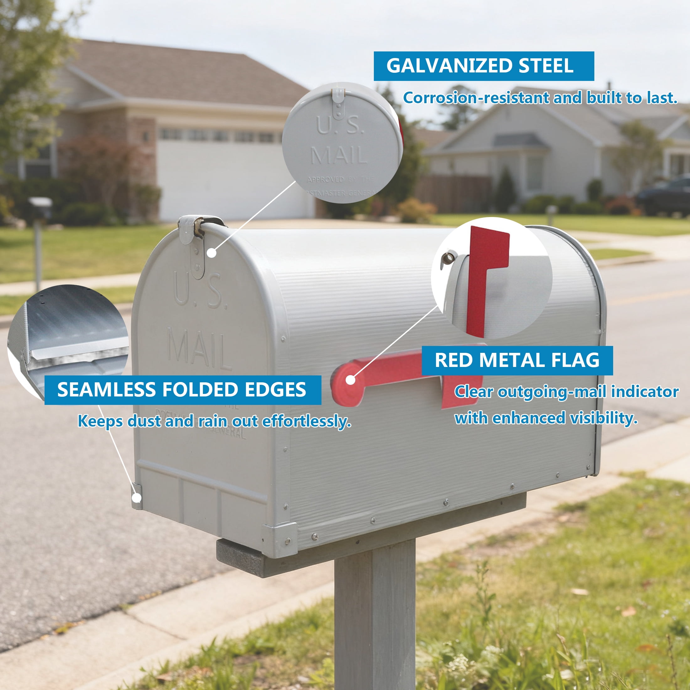 4W Rural Mailboxes Galvanized Steel,Jumbo Size,Post-Mount Mailbox in Gray
