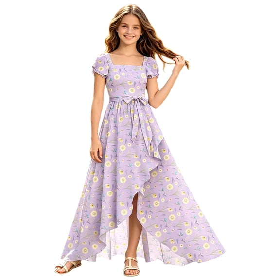 Baby Girl Dresses Elegant Floral Flowing Ruffle Trim Party Plus Size Girls Clothing Size 5-6T