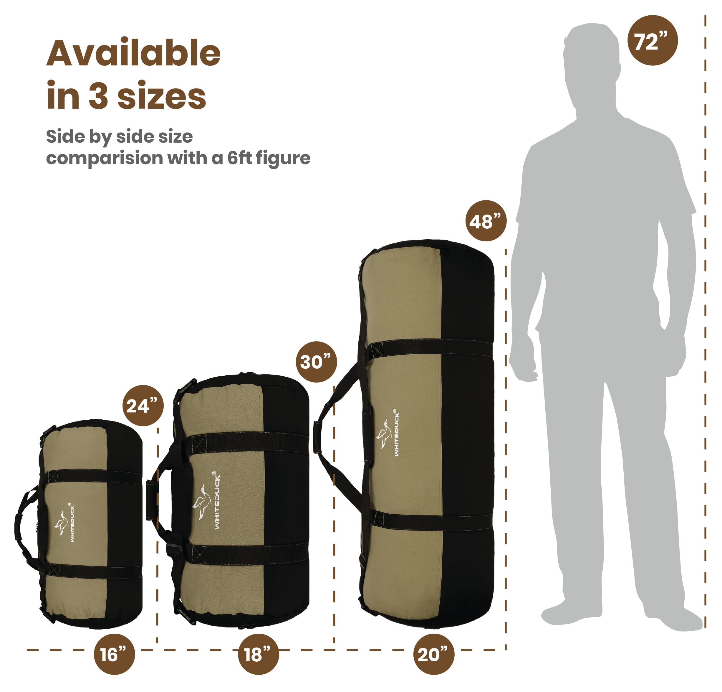 WHITEDUCK Heavy Duty Canvas Duffel Bag for Men and Women - Foldable Military Army Style Duffel Bag, with Full Length Zipper- Outdoors, Travel, Gym & Storage (Large 30" x 18", Olive & Black)