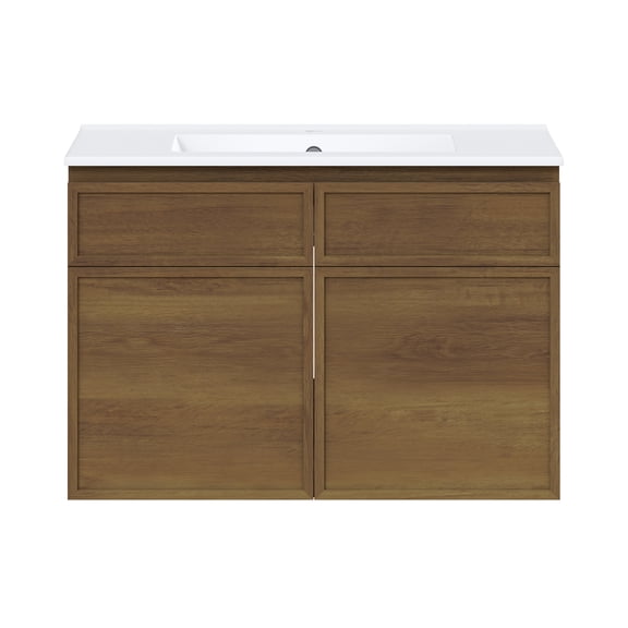 St. Tropez 30" Wall-Mounted Bathroom Vanity in Brown Oak with 3-Hole Widespread Sink Top