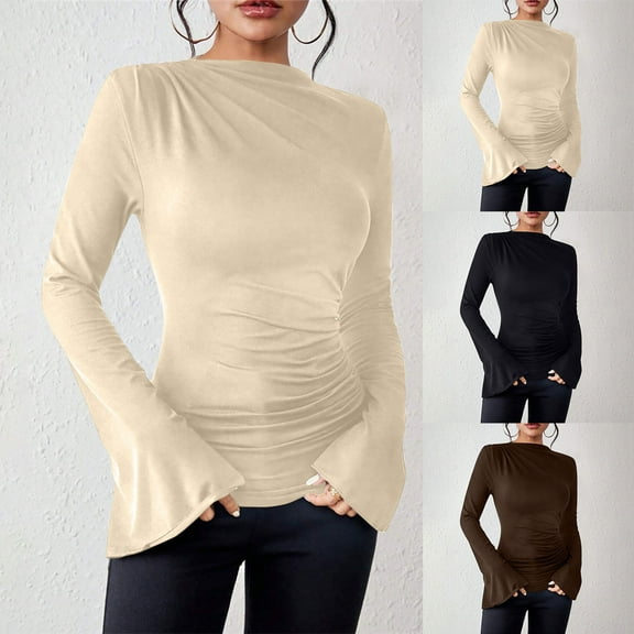 HomeDM Women's Boat Neck Tops Long Sleeve Shirts Casual Slim Fit Tee Shirts Solid Color Fall Trendy Going Out Outfits