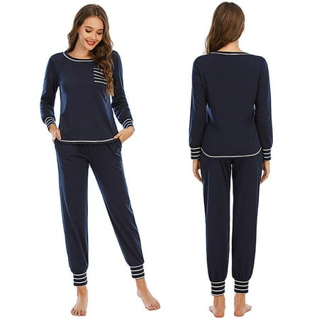 

Pretty Comy Women s Soft Long-sleeved Pajamas Set Leisure Striped Splicing Home Service Two-piece Set