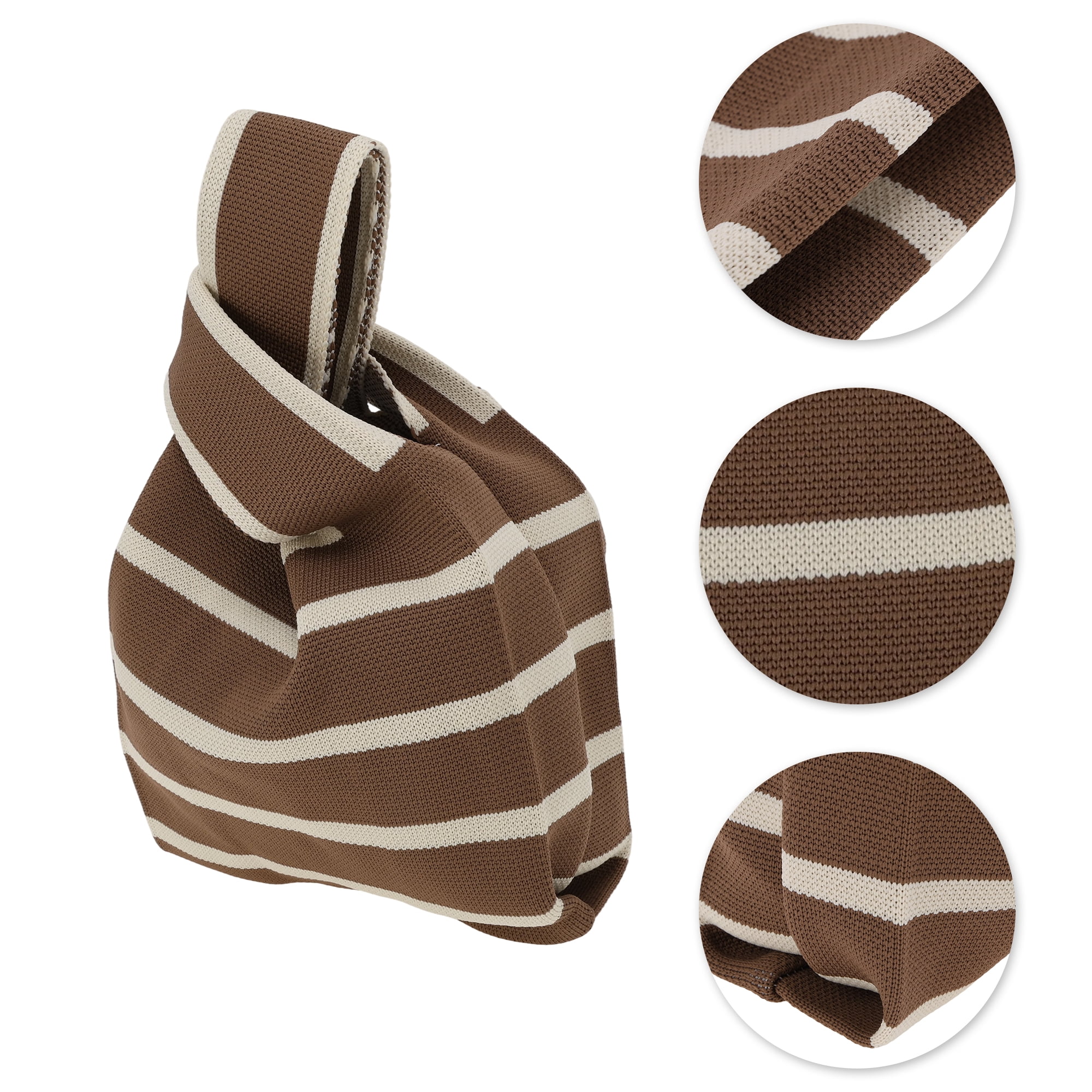 Unique Bargains Stylish Horizontal Stripes Knitted Wrist Bag for Everyday Use Coffee Color