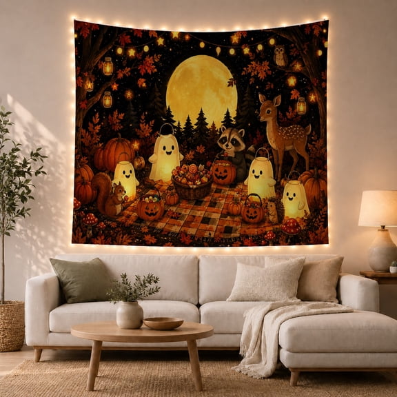 Moon Stars Festive with Woodland Night Luminous Full, Spooky Gothic for Gothic Decor Fans, Dark Art Decor, Halloween Gift, Tapestry Wall Hanging for Bedroom and Dorm