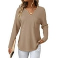 thumbnail image 2 of Womens Tops Waffle Knit Long Sleeve Notched V Neck Shirts Casual Trendy Solid Color Loose Blouses Camel XXL, 2 of 7