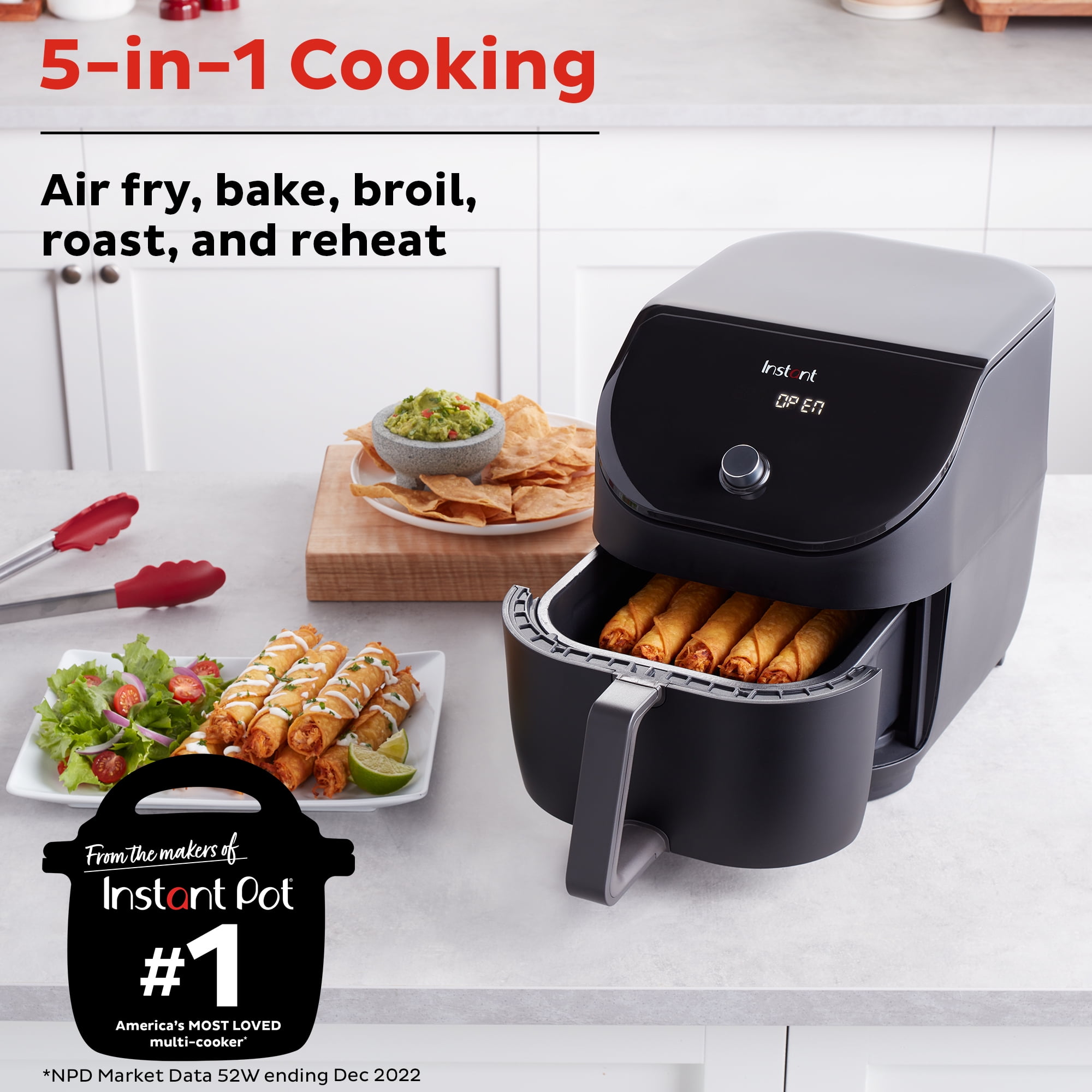 Instant Pot 6Qt Vortex Slim XL 5-in-1 Compact Air Fryer, Air Fry, Crisp, Roast, Reheat, Bake, Broil, Nonstick, Dishwasher-Safe Basket, Space Saving, Black