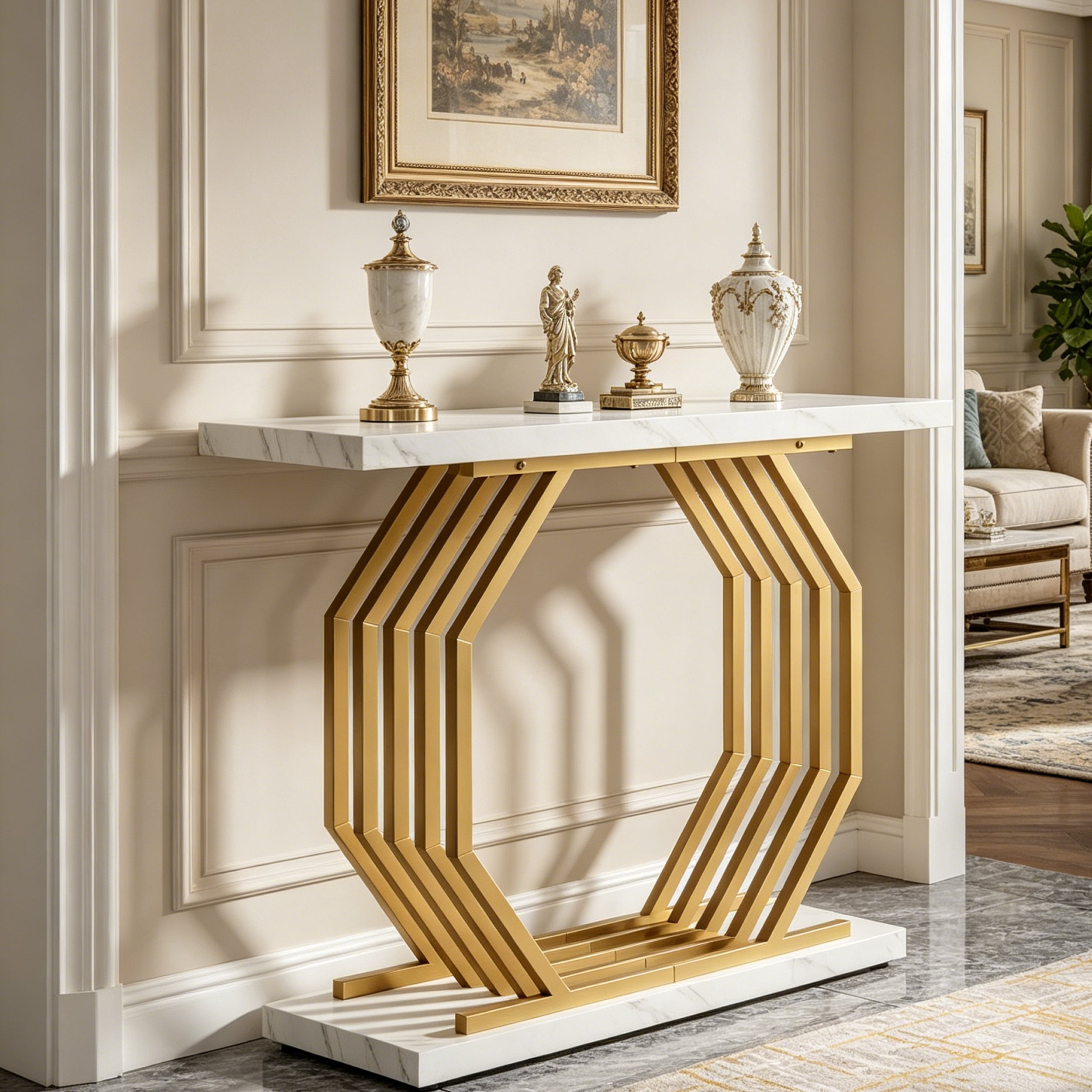 Fnova 40" Console Table, Faux Marble Entryway Table, Narrow Sofa Table with Geometric Metal Frame, Modern Accent Table for Living Room, Hallway, Foyer