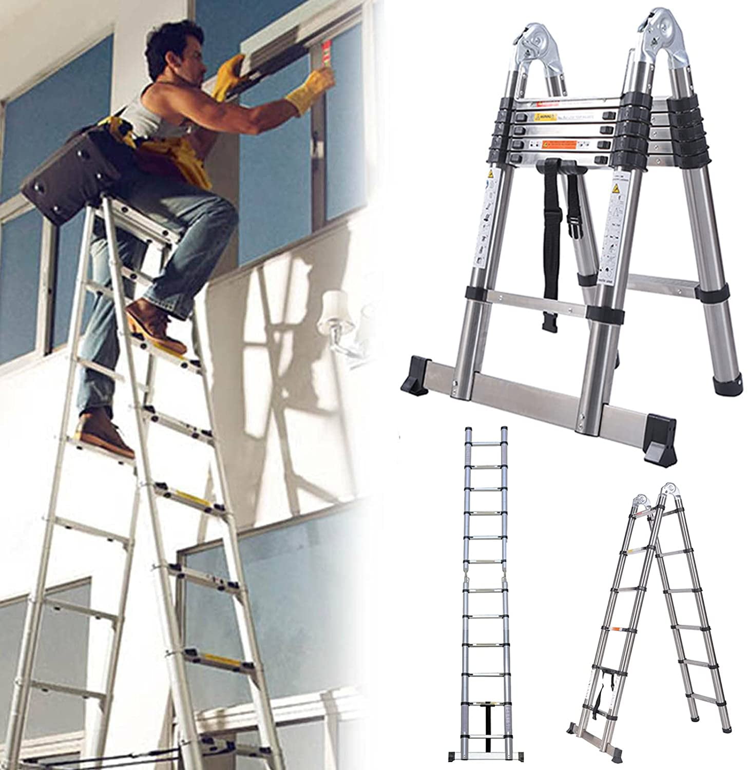Dayplus 3.8M Folding Telescopic Ladder Stainless Steel Extension