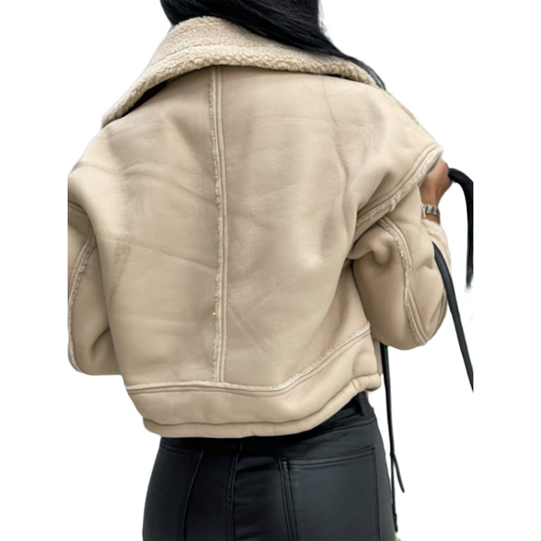 Liacowi Women Fleece Lined PU Leather Jacket Zip Up Cropped Moto Biker  Jackets Casual Bomber Coat Winter Fall Retro Outwear