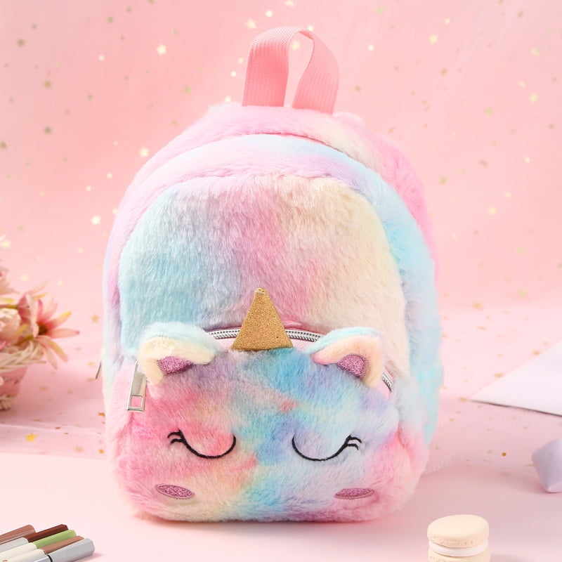 Ikemiter Kid s Backpack Mini Fluffy Schoolbag For Girls Cartoon Plush Unicorns Design Other Default