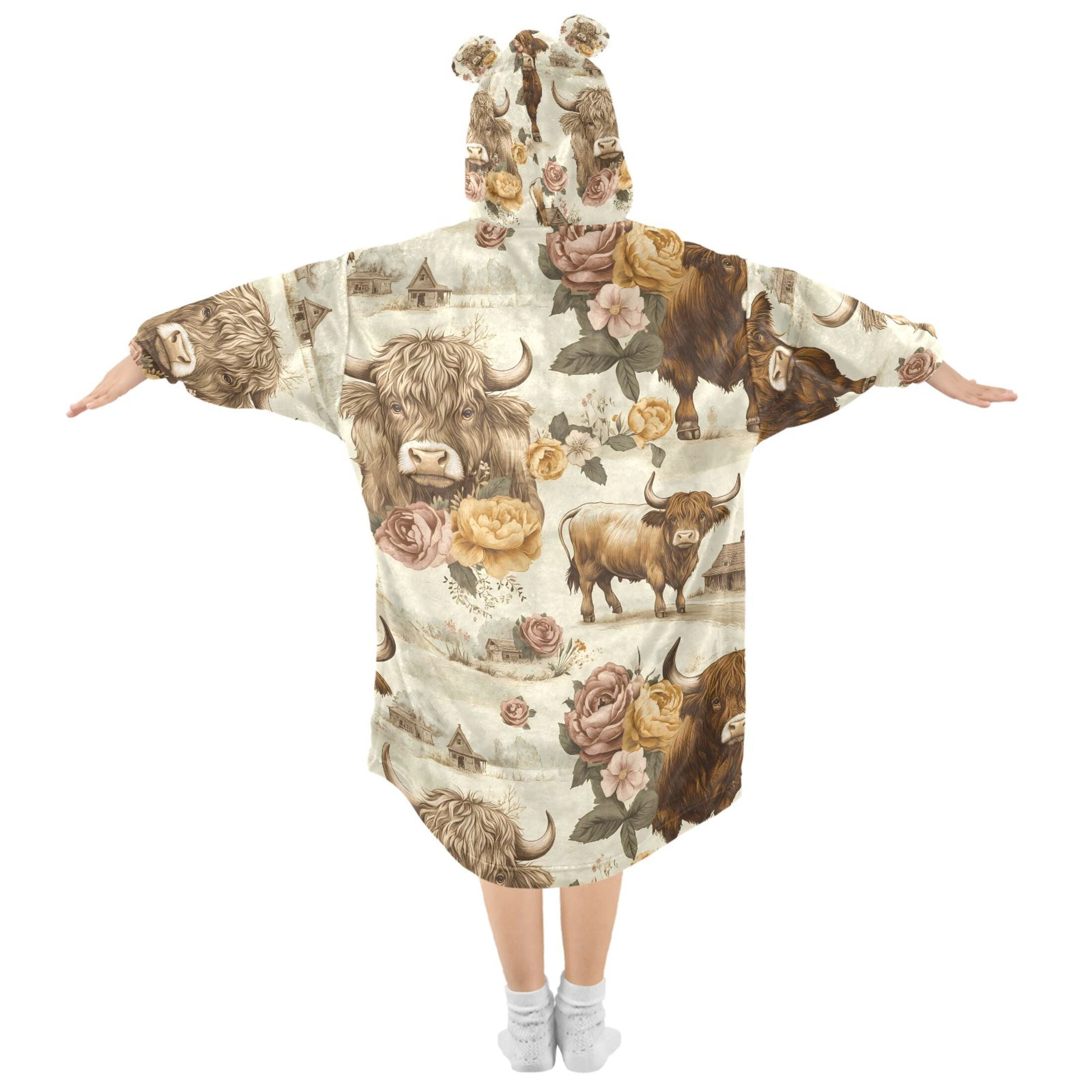 joogoo Blanket Hoodie for Highland Cattle Flower-w1 Oversize Sweatshirt 3-14 YR L