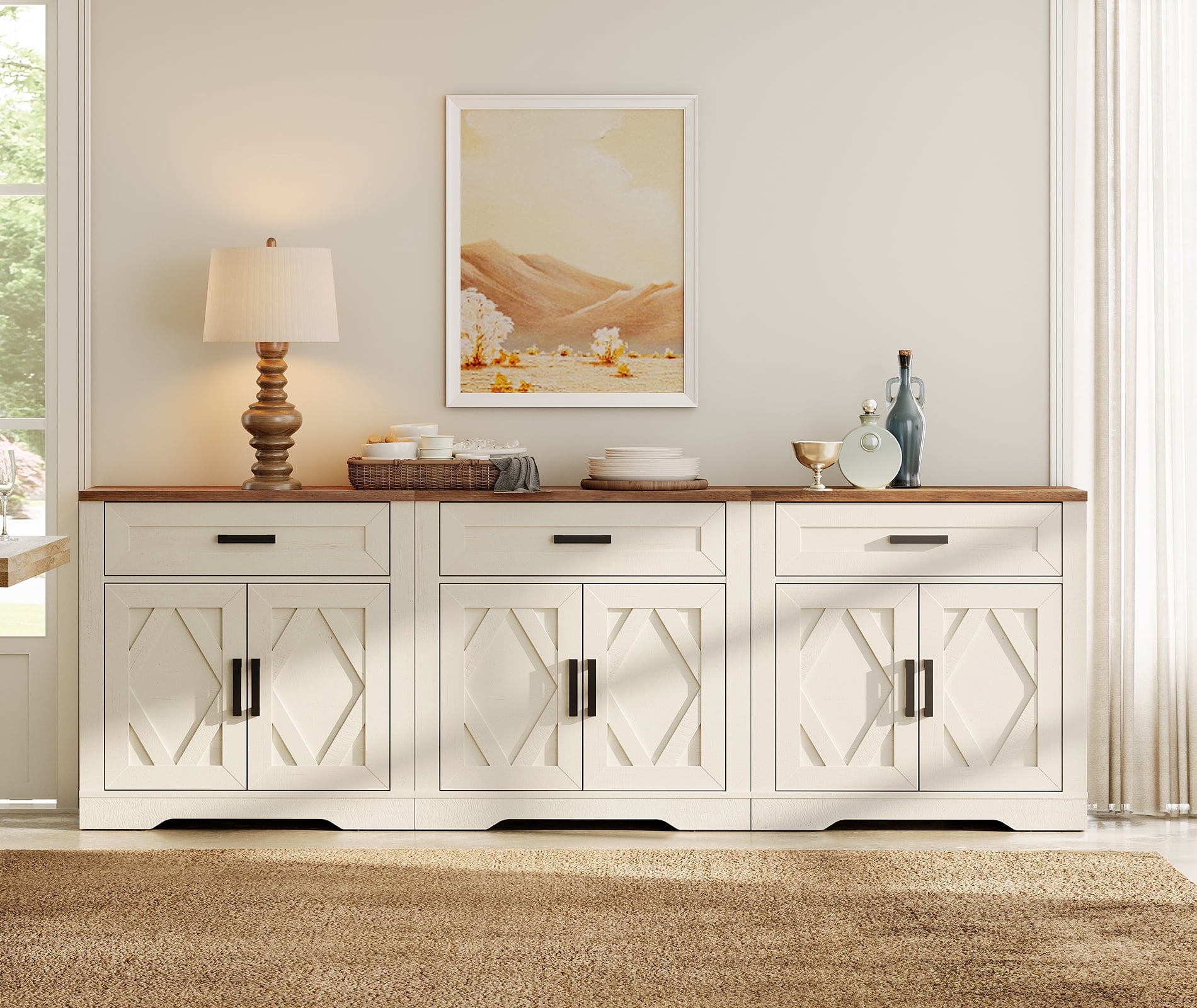 WAMPAT 94.5"W Farmhouse Buffet Sideboard with Barn Doors, Drawer & Storage, White