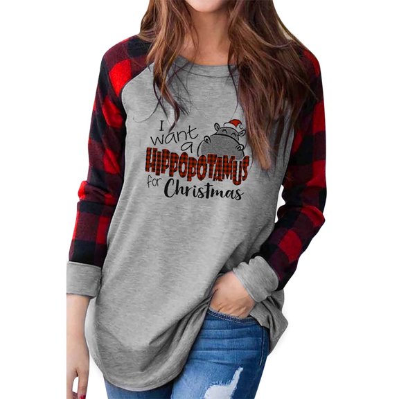 Telankuip Want a Hippopotamus for Christmas Tshirts Women Funny Cute Hippopotamus Tee Plaid Letter Print Long Sleeve Tops Loose Comfy Splicing Crewneck Pullover Tees Grey XL