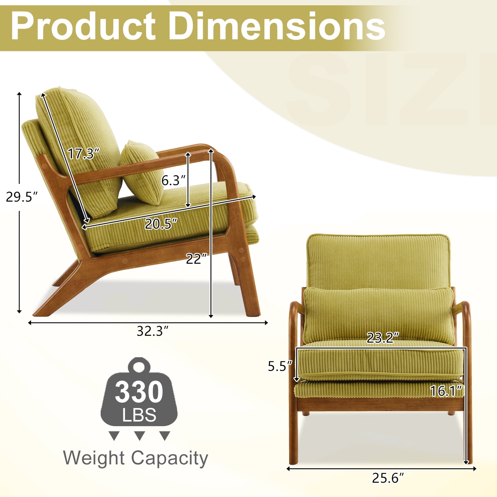 Ktaxon Accent Chair Corduroy Upholstered Armchair, Reading Club Chair with Pillow and Solid Wood Frame for Living Room Bedroom Furniture Olive Green