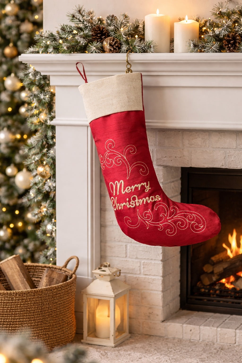20 in. Red Polyester Merry Christmas Stocking with Stitched Accents