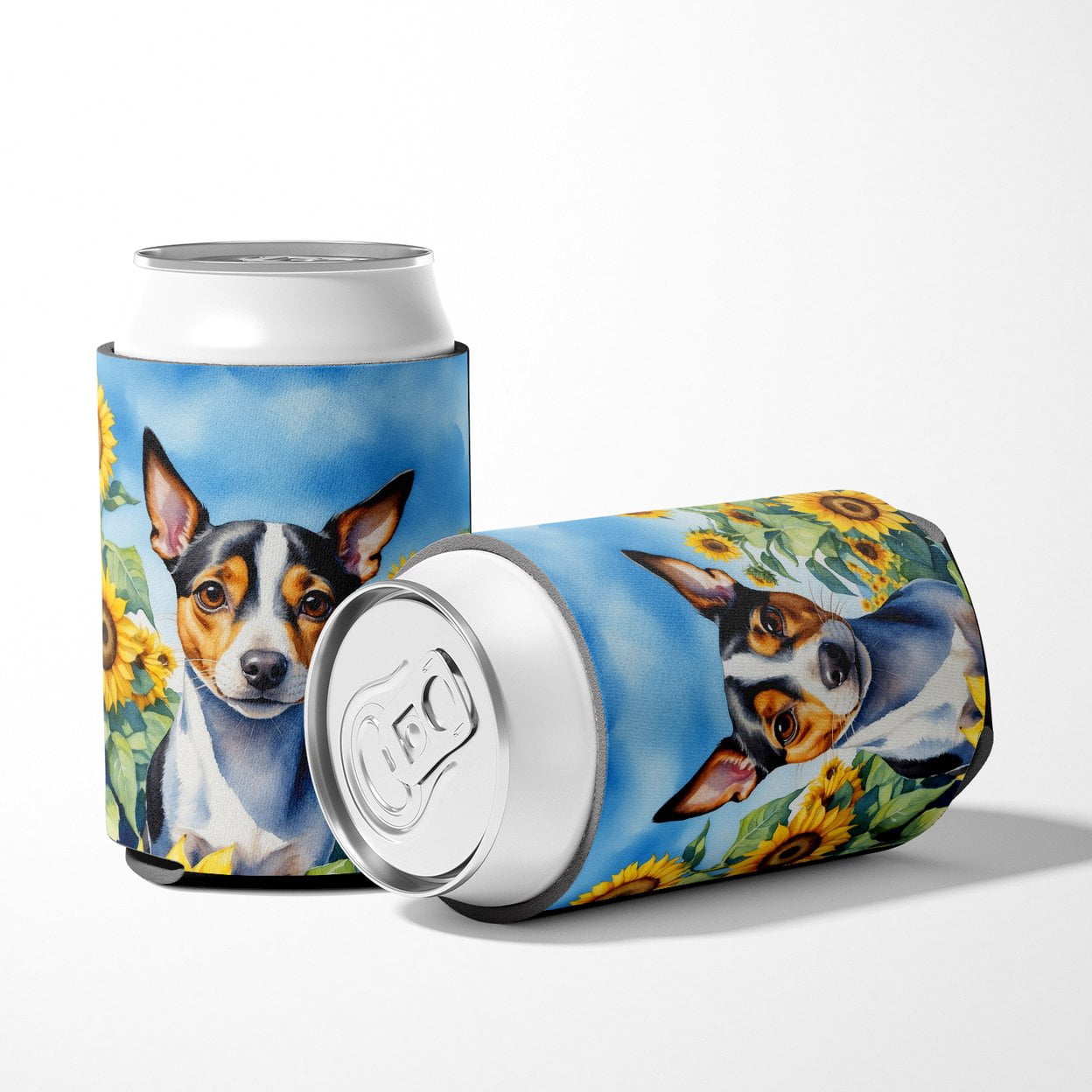 Rat Terrier in Sunflowers Can or Bottle Hugger 3 in x 5 in