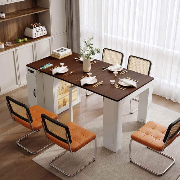 HORIZON Extendable Dining Table With 3 Removable Middle Leaves, Mobile Rolling Island Table With Power Outlet, Saving-space Cabinet With Storage For Dining Room And Living Room,Walnut