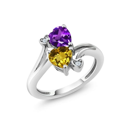 Citrine Amethyst Diamond Heart - 1.38 Ct Heart Shape Purple Amethyst Yellow Citrine 925 Sterling Silver Ring