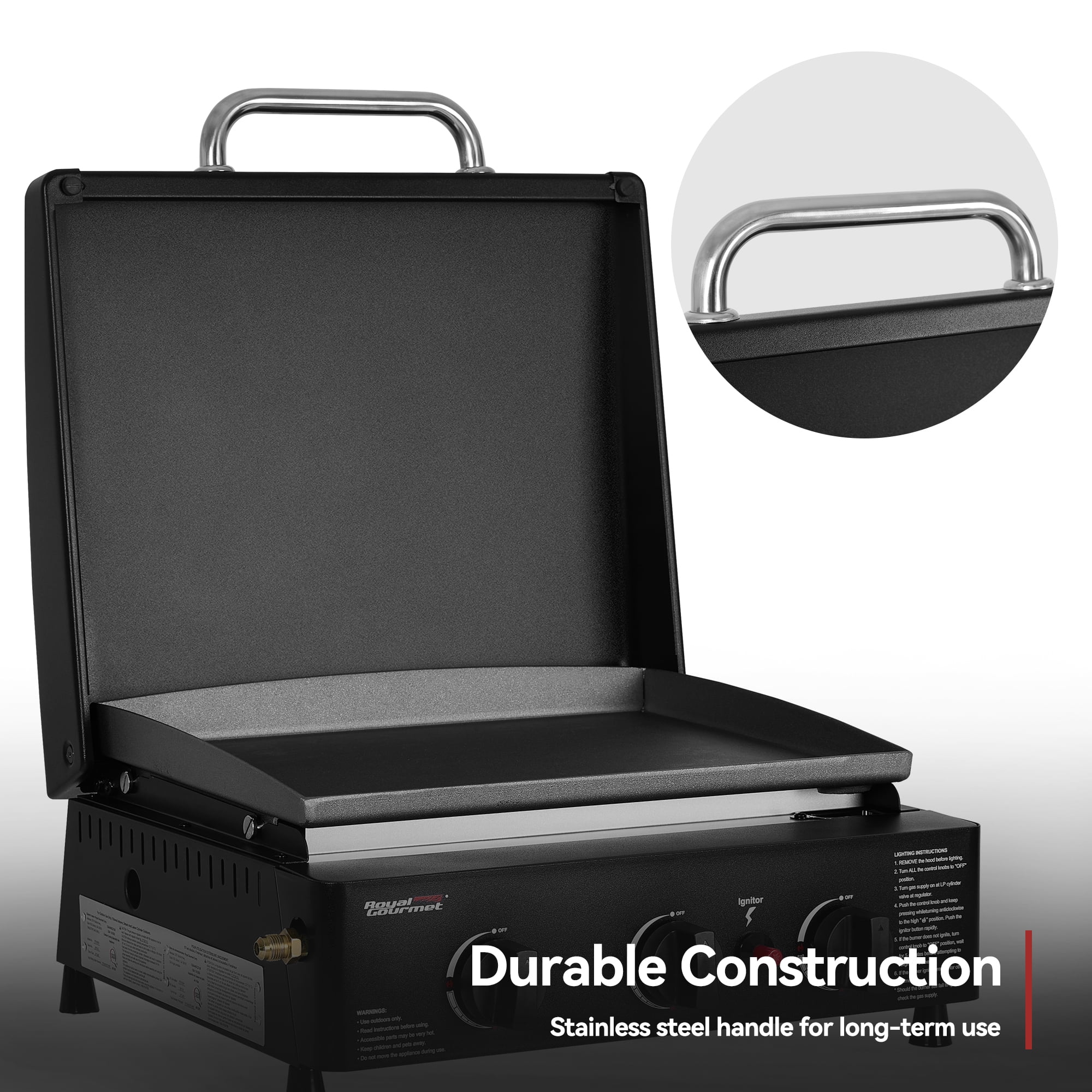 Royal Gourmet PD1503H Portable 3-Burner Propane Griddle with Hood for Backyard, Patio and Outdoor Cooking, Black
