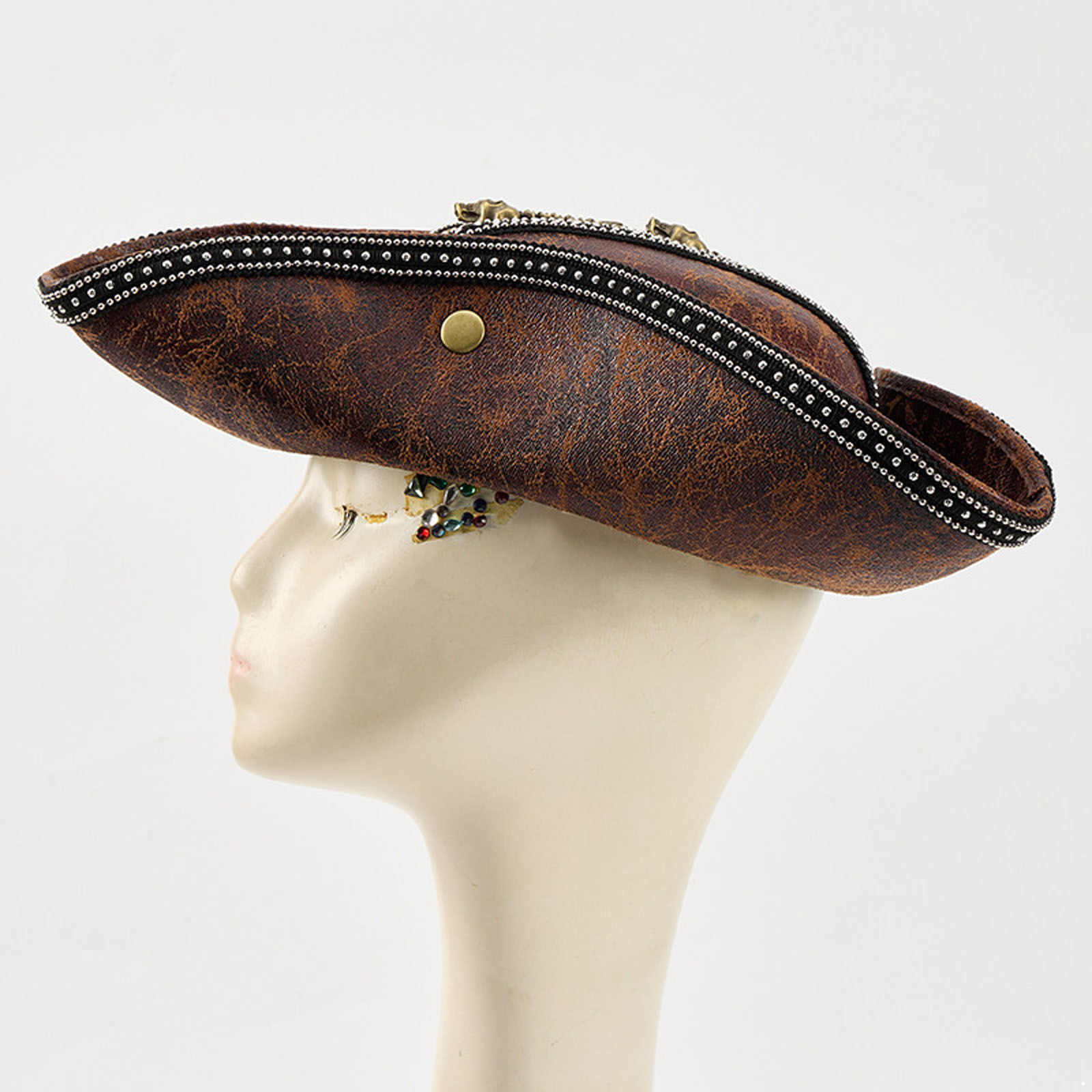 Doomiva Faux Leather Pirate Hat Colonial Medieval Tricorn Hats for Men Women Carnival Party Hat Cap Brown One Size