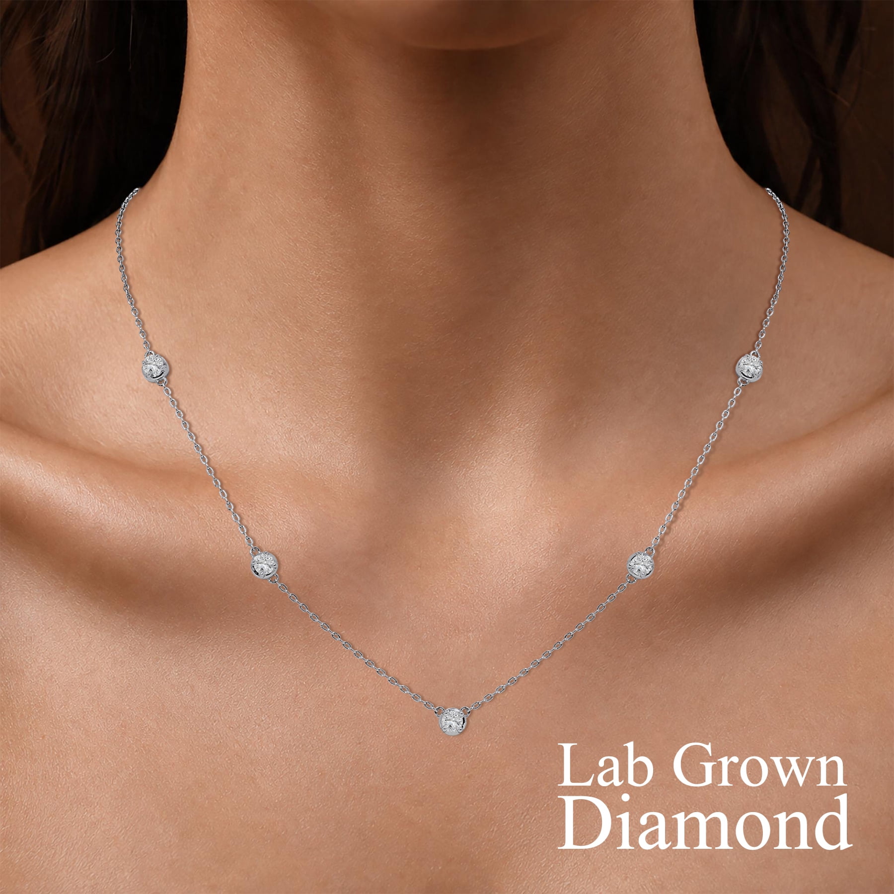 JeenMata 1 Carat Lab Grown Diamond Five Stone Bezel Station Necklaces - in 18K White Gold Plating Necklace for Women, Female, Adult