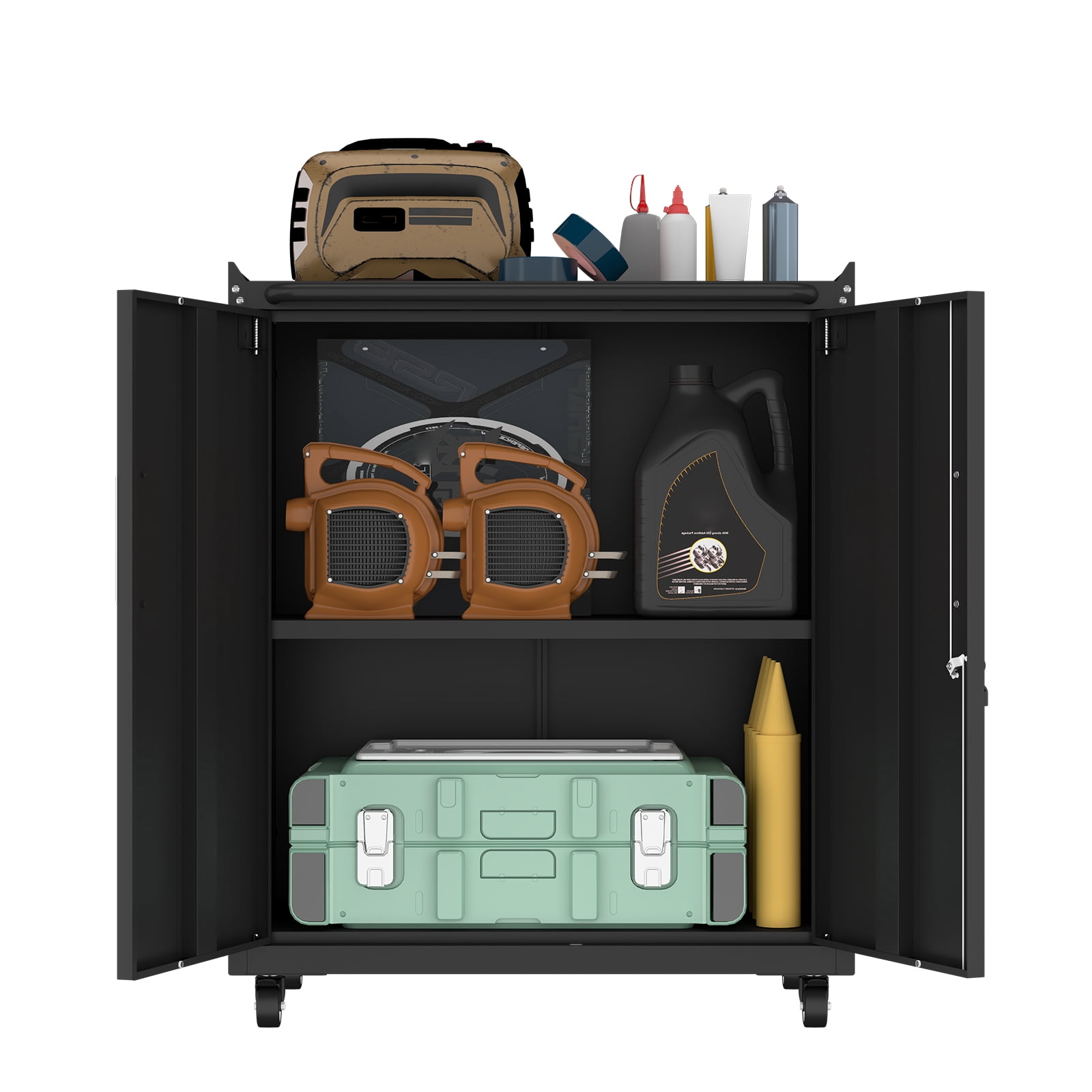 Heavy-Duty Steel Storage Cabinet with 360° Casters, Lockable Double Doors, Adjustable Shelf, Side Hooks, Moisture-Proof for Garage Kitchen Office