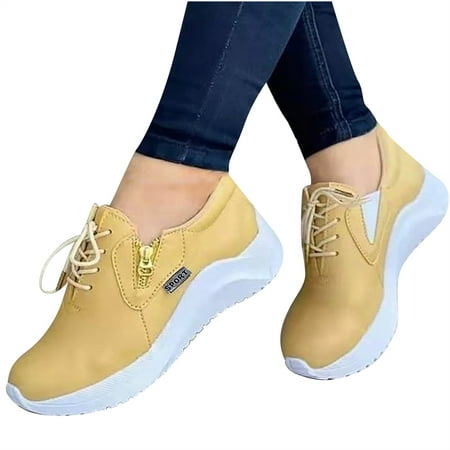 

SHENGXINY Women Sport Shoes Thick Bottom Solid Color Ladies Vulcanized Sneakers Casual Wedge Walking Shoes Slip On Zipper Women Shoes