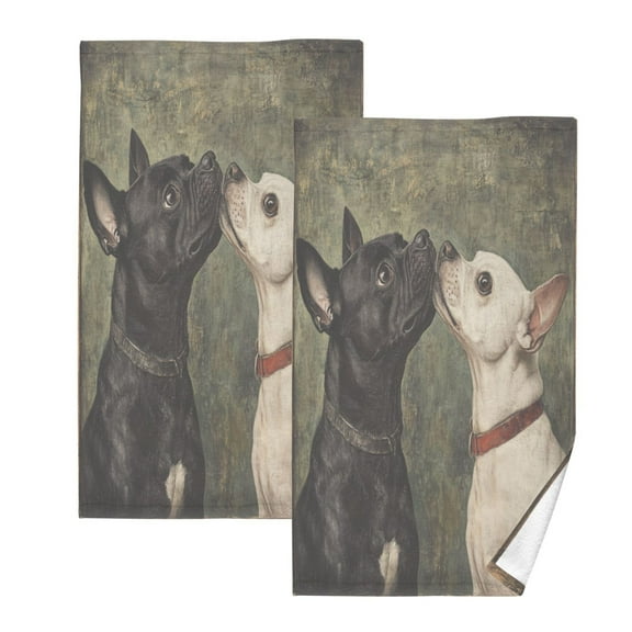 Black and White DogTwo-piece Cotton Towel Set, Absorbent, Soft And Comfortable 16 x 28 in Rectangle, Printed on One Side, Versatile