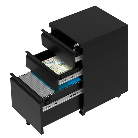 Studyset 3 Drawer Mobile File Cabinet - Office Lateral Filing Cabinet with Lock/2 Keys,Under Desk Metal File Cabinet with Adjustable Shelf for Legal Letter A4 Files,Easy Assembly,24 Inch,Black