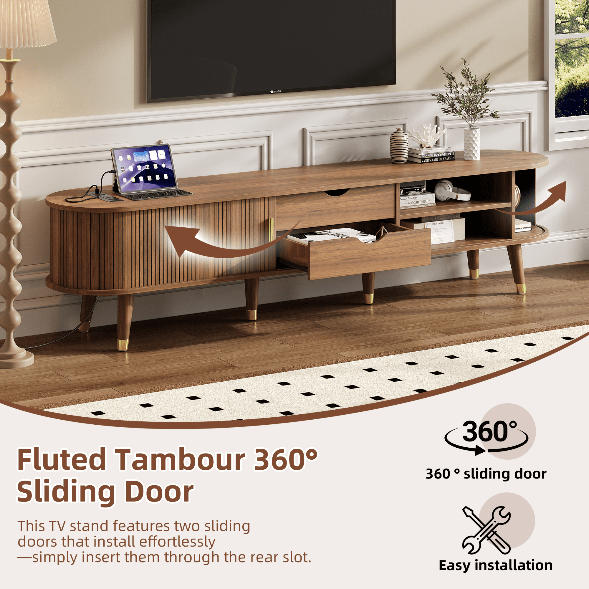 Euroco Mid-Century Modern TV Stand for TVs up to 80", Fluted Sliding Doors, Charging Station with USB & AC Outlets, Adjustable Shelves，Walnut