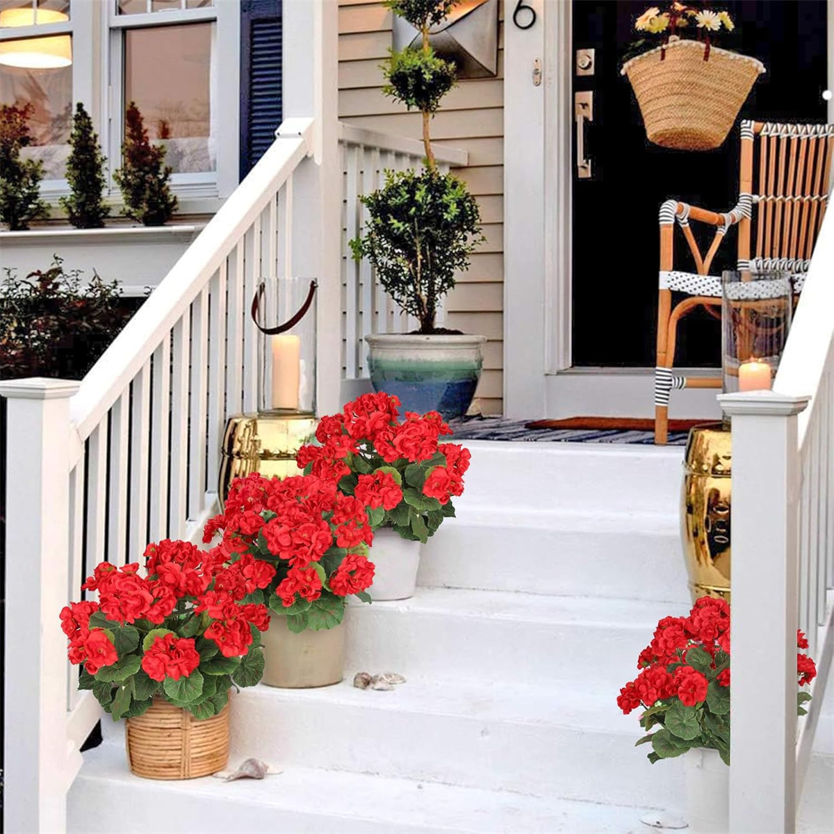 Tutuviw 12 Bunches Artificial Geranium Silk Flower Bush Red 14 in Faux Geranium Flowers Outdoor UV Resistant Garden Plants Faux Flower for Planters Front Porch Garden Fountain Window Box Decor