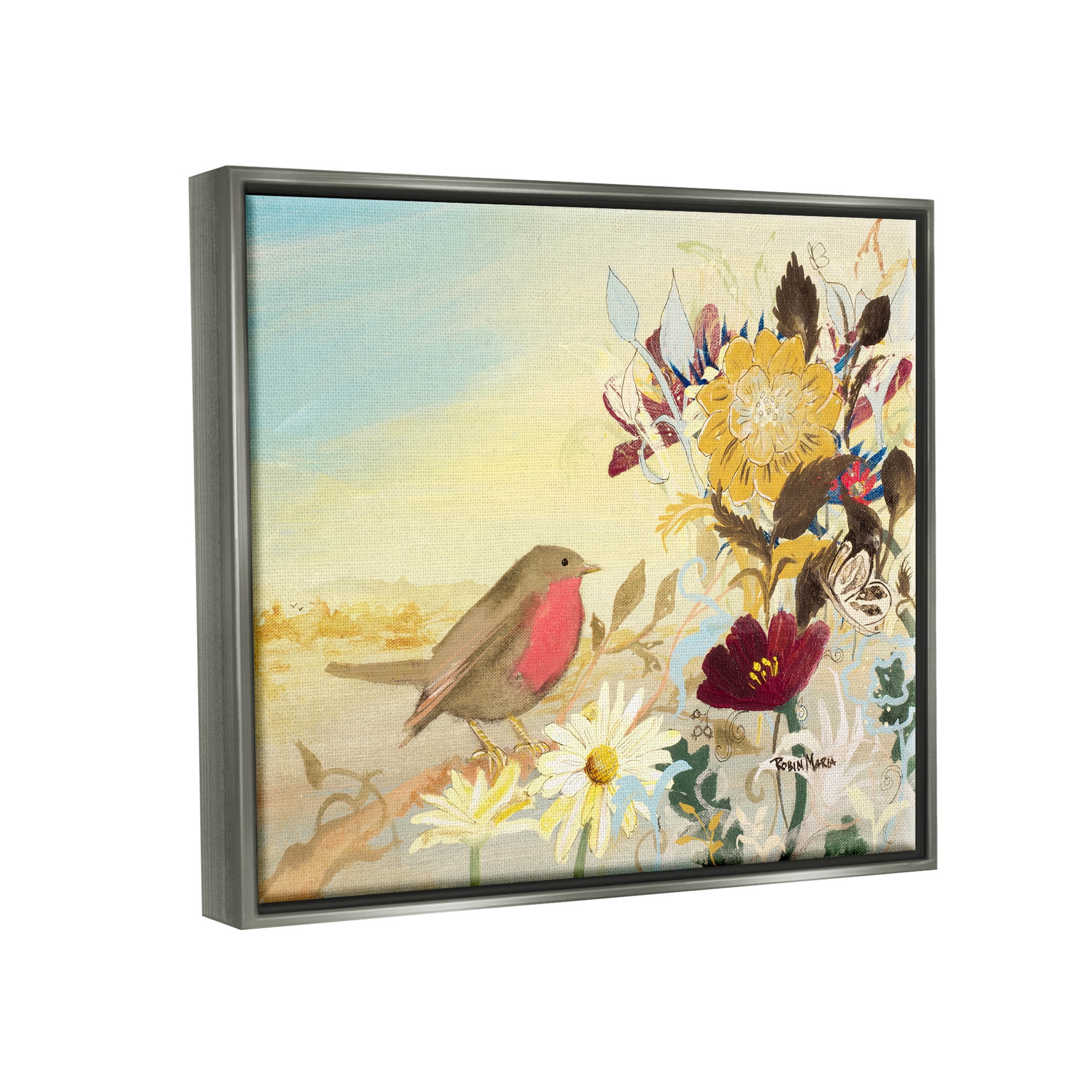 Stupell Industries Mixed Floral Bird Arrangement Painting Luster Gray Floating Framed Canvas Print Wall Art, Design by Robin Maria