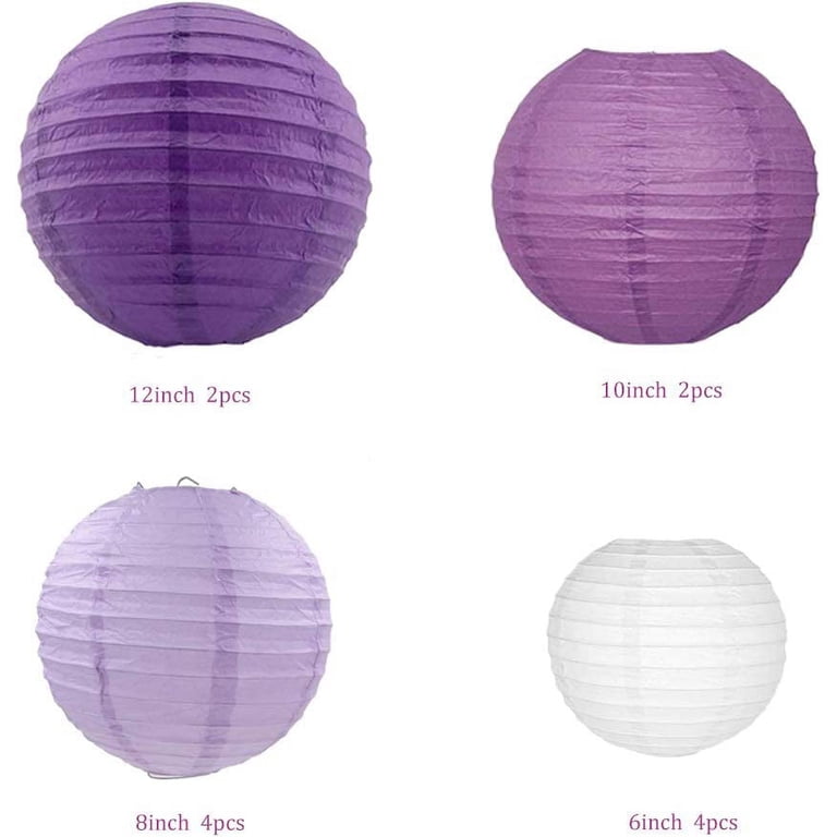 Sonnis 12-Pack Gradient Purple Round Paper Lanterns – Assorted Sizes 6"-12", Striped Iron Frame, Perfect For Parties, Weddings & Home Decor