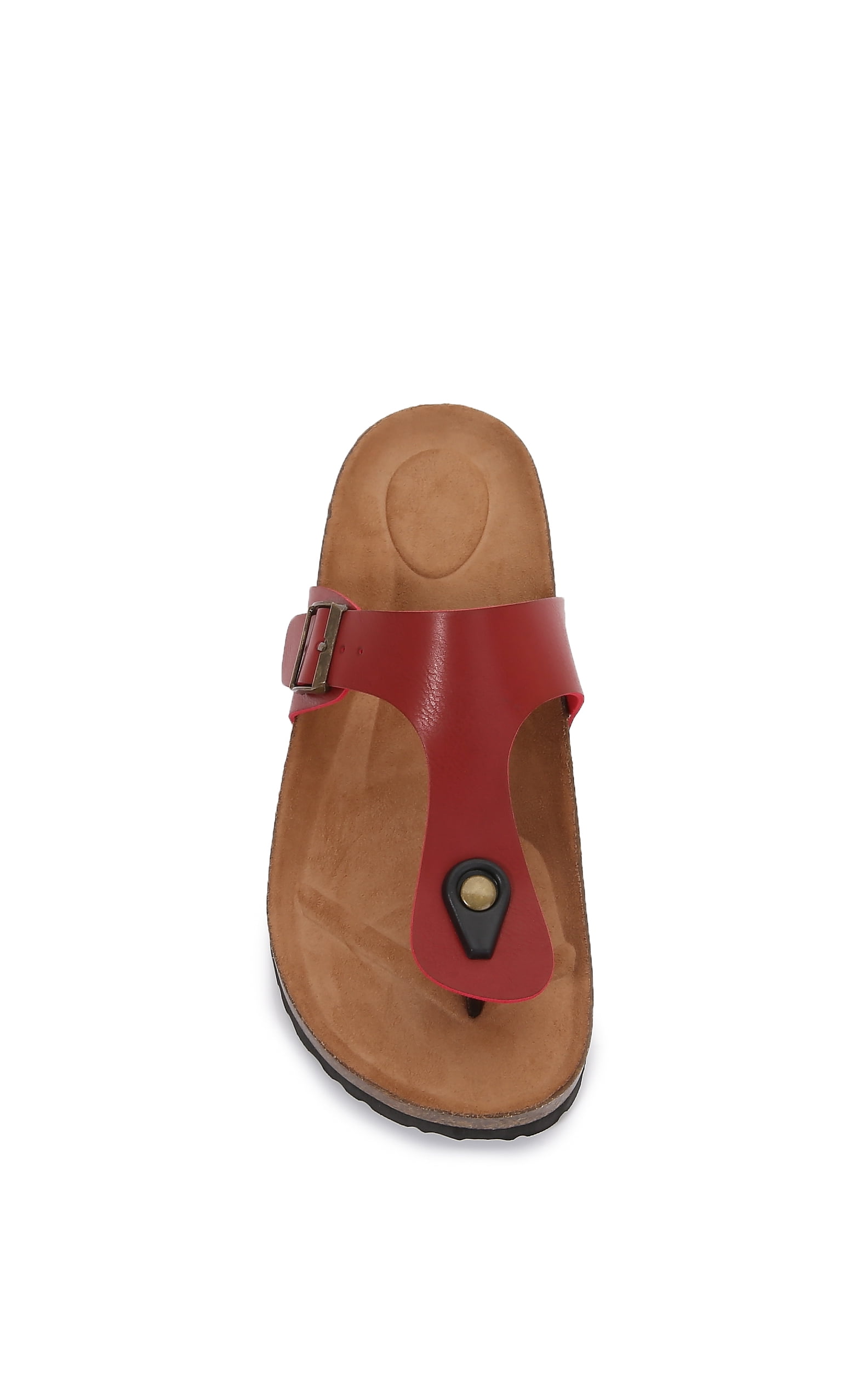 Women Soft Cork Footbed PU Leather Hook and Loop T Strap Flip Flops (PU Dark Red / 8 )