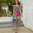 thumbnail image 3 of Retro Classic 1980s Shapes On Black And White Check Womens Night Club Maxi Dress V Neck Sleeveless Bohemia Long Dresses, 3 of 9