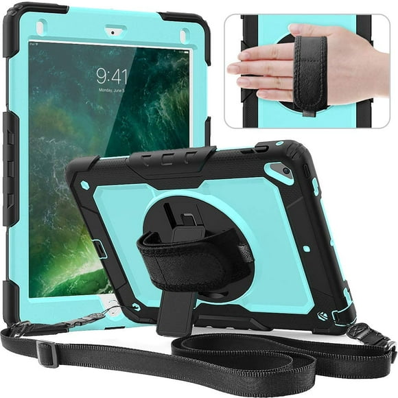 Coque Compatible avec l'iPad 6ème/5ème Génération, 9,7 Pouces 2018/2017 avec Support Rotatif / Sangle en Silicone Intégral + Remplacement de Coque de Protection pour iPad 5ème/6ème Génération / Air 2 / Pro 9.7 SkyBlue