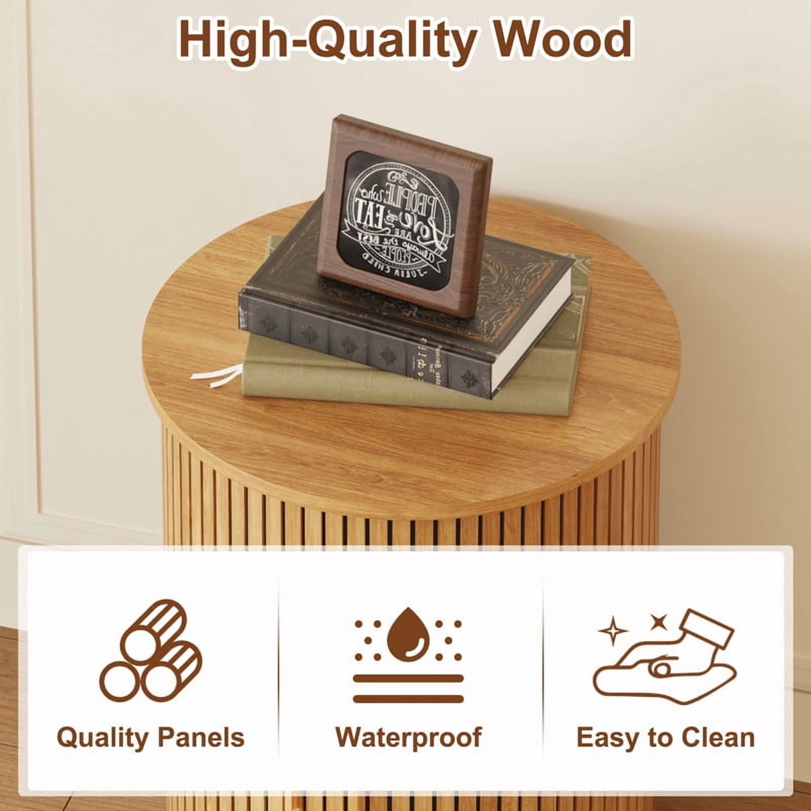 Fluted Round Side Table Set of 2, Mid Century Modern Night stand with Sliding Tambour Door and Storage Shelf, Wood Bedside Table, End Table for Small Space,Bedroom, Living Room