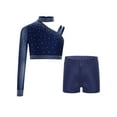 thumbnail image 2 of Haitryli Kids Girls Gym Skating Performance Dance Outfits Sparkly One Shoulder Crop Tops and Shorts Set Navy Blue 14, 2 of 6