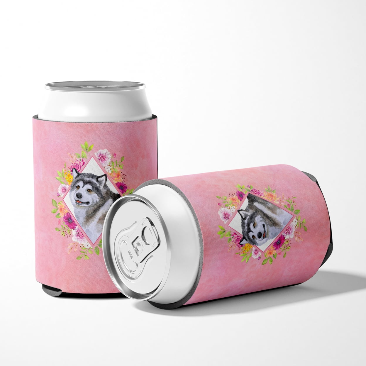 Carolines Treasures CK4112CC Alaskan Malamute Pink Flowers Can or Bottle Hugger Can Hugger multicolor