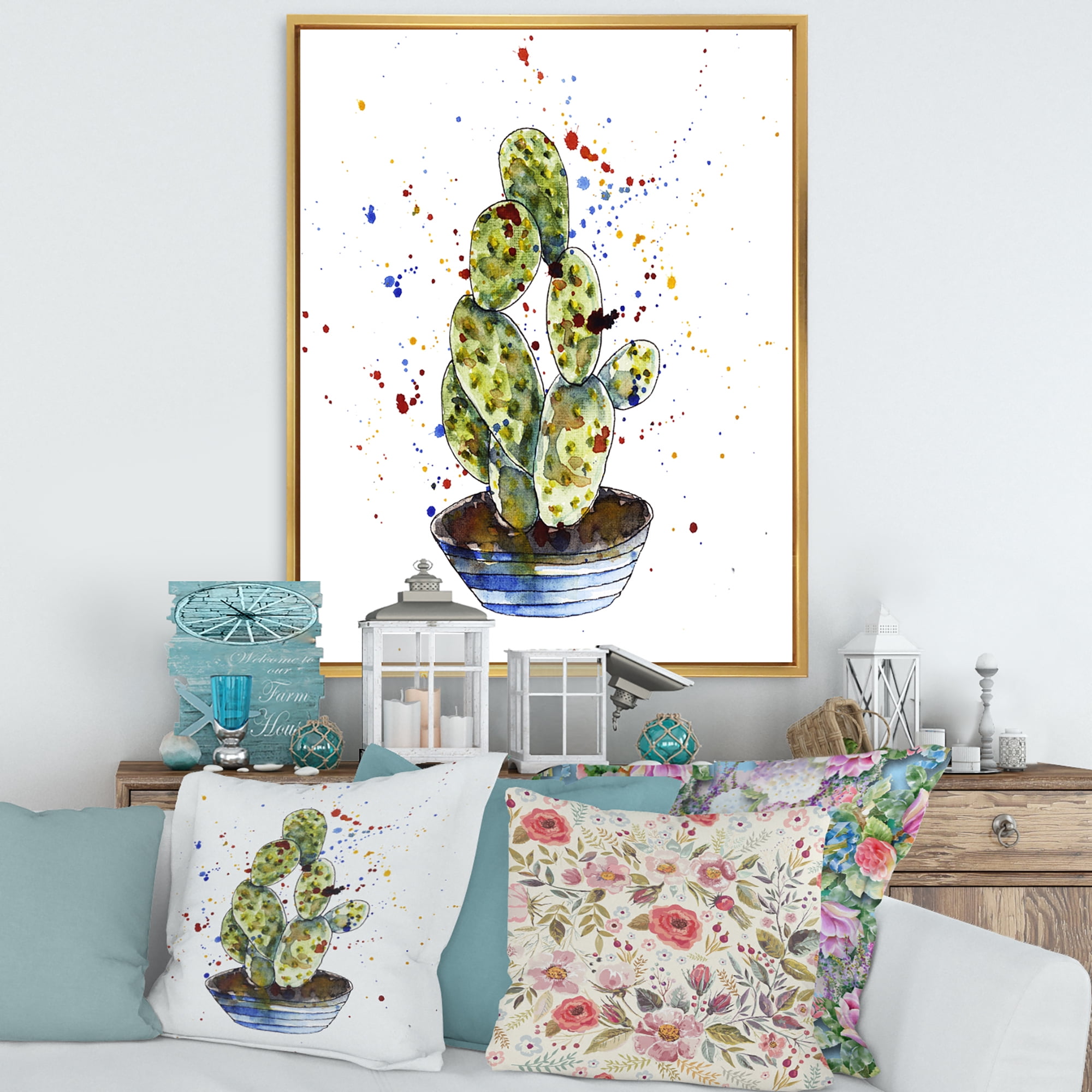 Designart 'Abstract Cactus Houseplant' Traditional Framed Canvas Wall Art Print