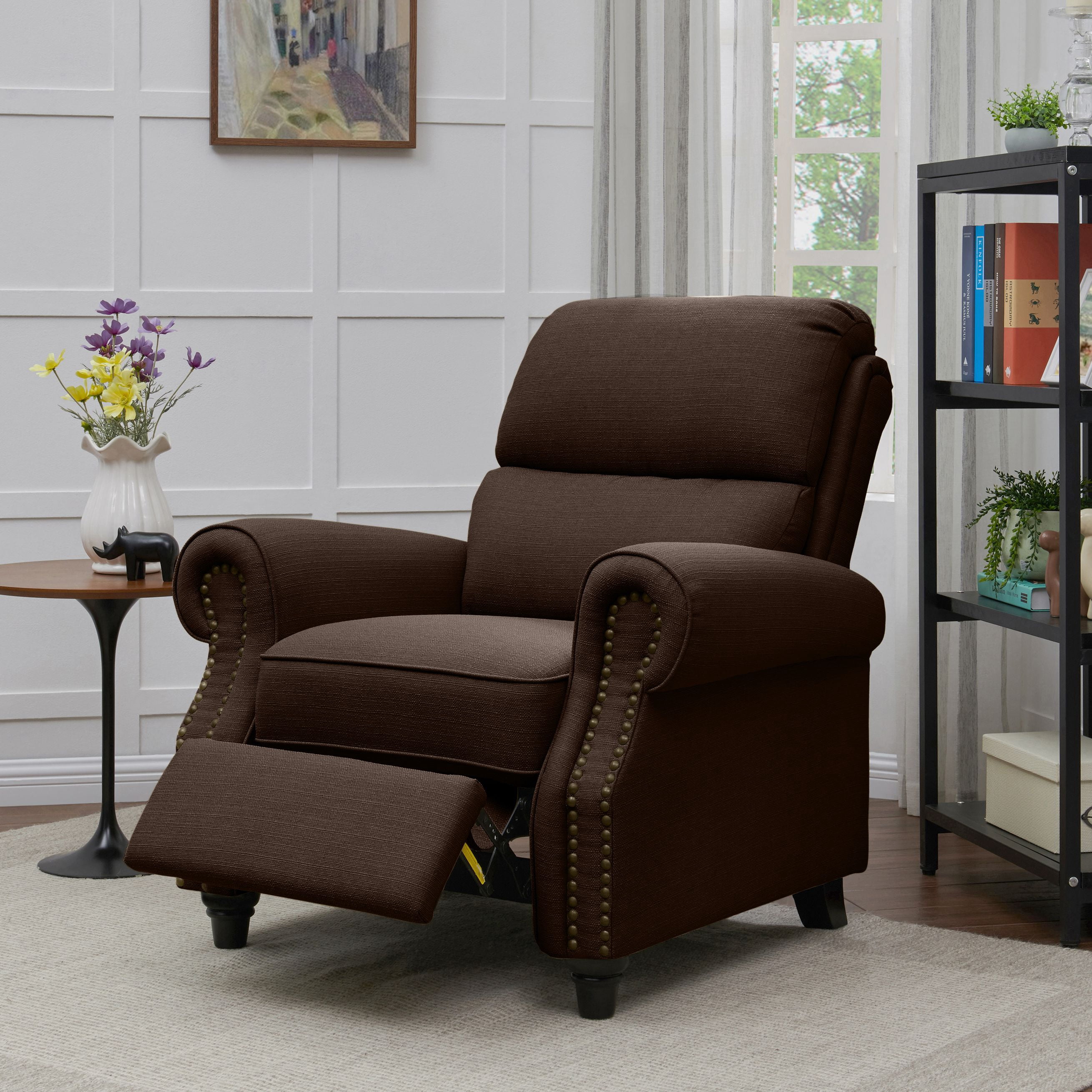 Homesvale Cari Pushback Recliner Chair, Brown Linen-like Microfiber Fabric, Pocket Coils for Comfort