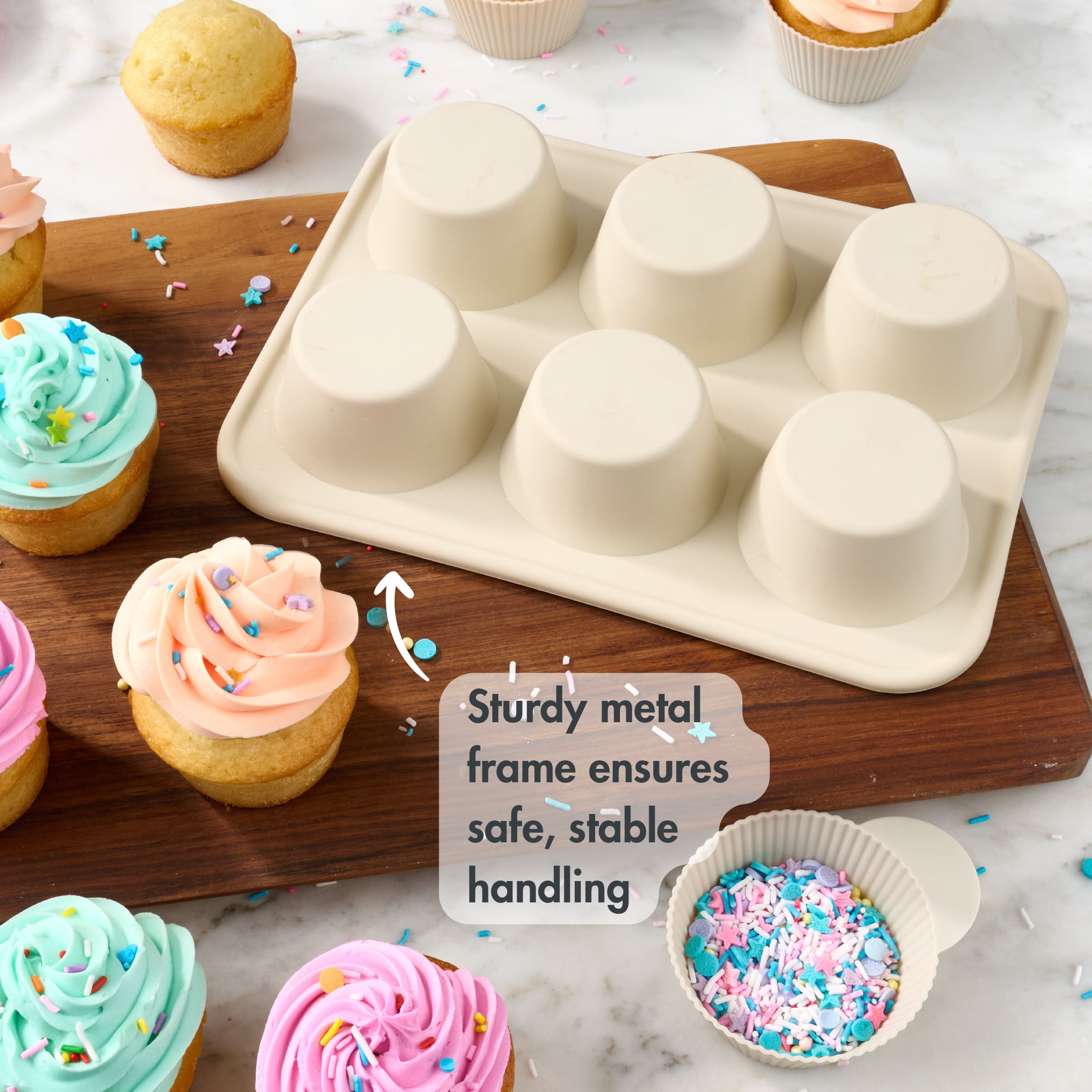 Mainstays 6-Cavity Silicone Cupcake Pan with Reinforced Steel Frame, Papyrus, 9.4 x 7.1 x 1.6 in