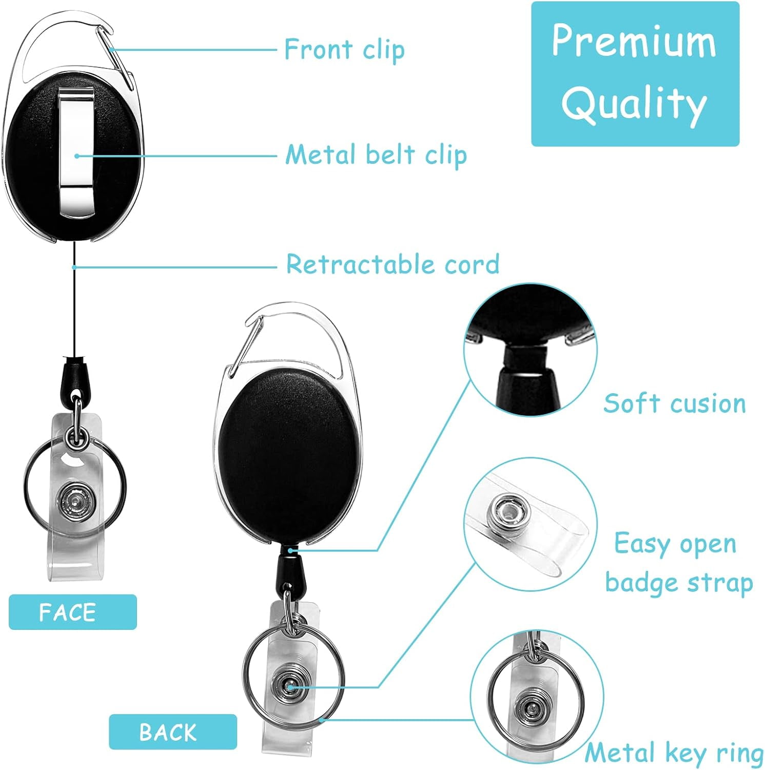 20 Pack Retractable Badge Holder with Carabiner Reel Clip, Bulk ID Card Key Holder with Ring, Heavy Duty Black Key Chain Extender for Office Work Employee