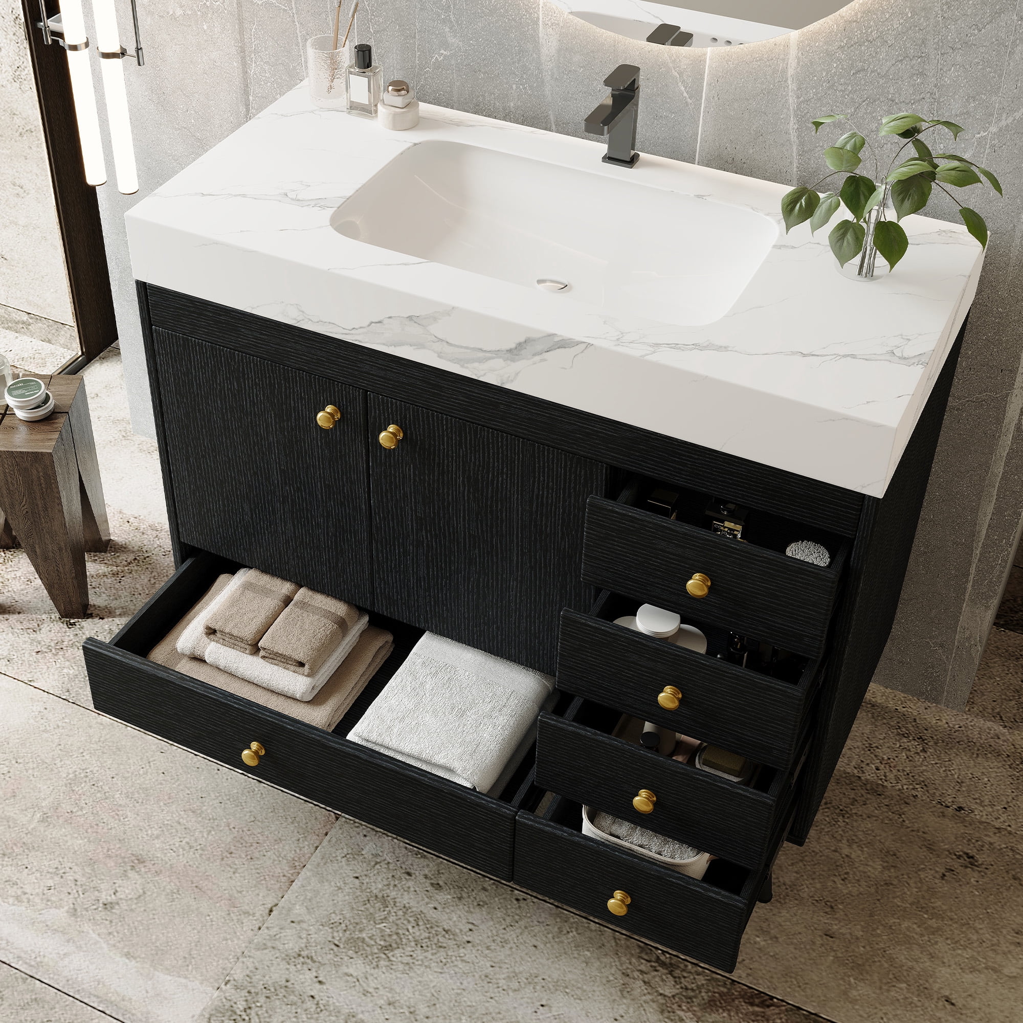 FFZ 36 inch Freestanding Bathroom Vanity Faux Marble Top Ceramic Sink 5 Drawers Stainless Steel Legs