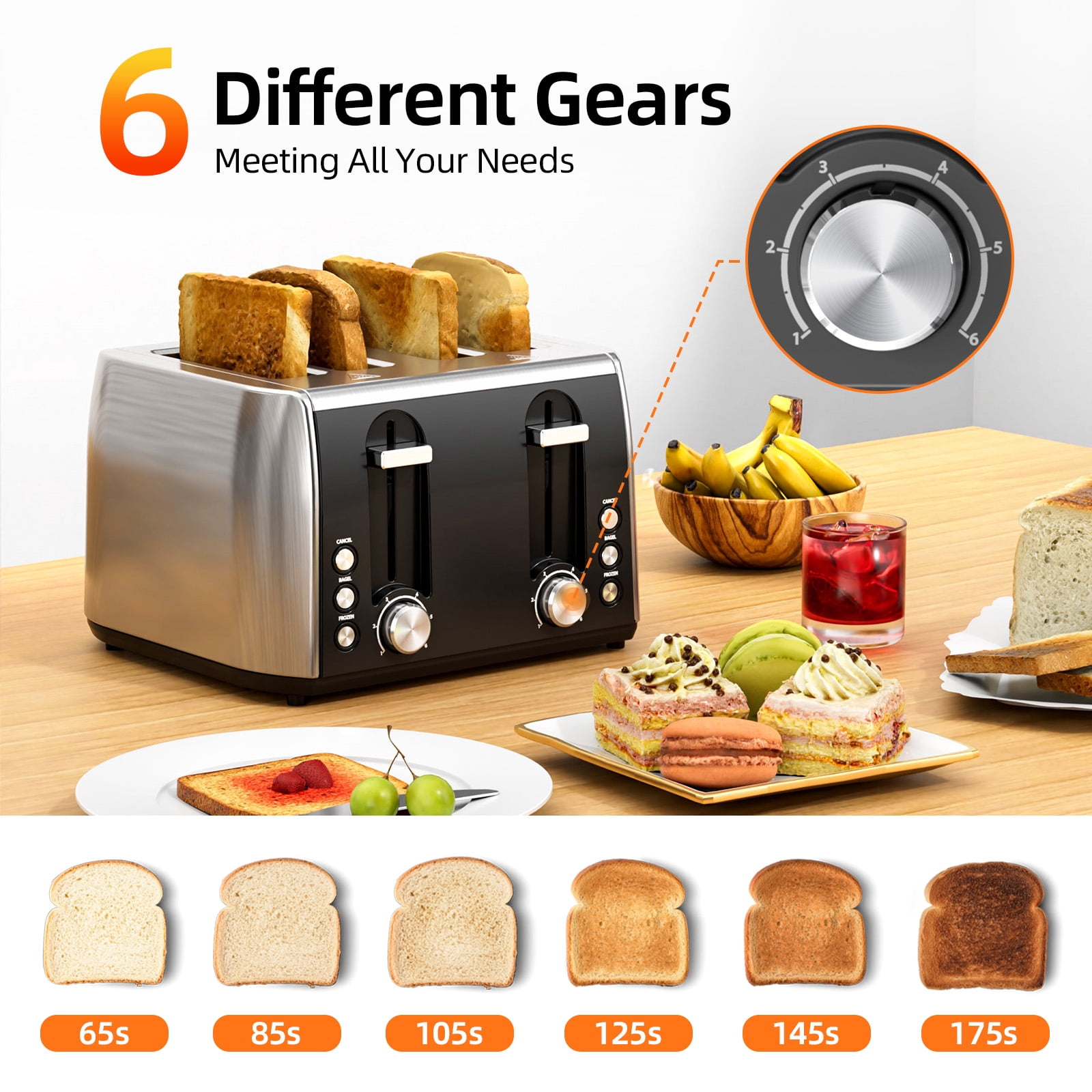 Auseo 4 Slice Toaster, 4 Slice Toaster Wide Solt with 6 Shade Settings, Dual Independent Controls, Bagel, Cancel, Defrost Functions, Removable Tray, Kitchen Appliances